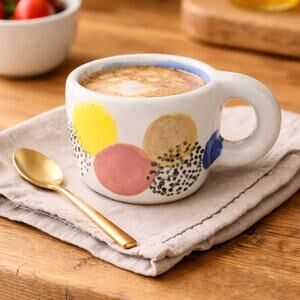 Abstract Art Pottery Mug Cream Multicolor Dots Blue Interior